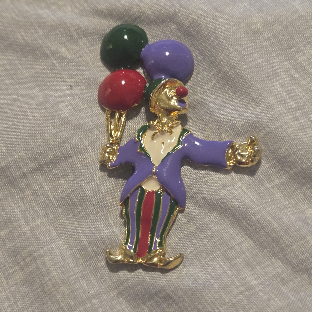 Vintage Colorful Clown Brooch with Balloons